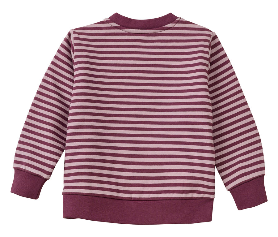 Vue de dos d'un sweat-shirt à manches longues avec des rayures horizontales rouge foncé et rose clair. Le col, les poignets et l'ourlet sont unis rouge foncé.