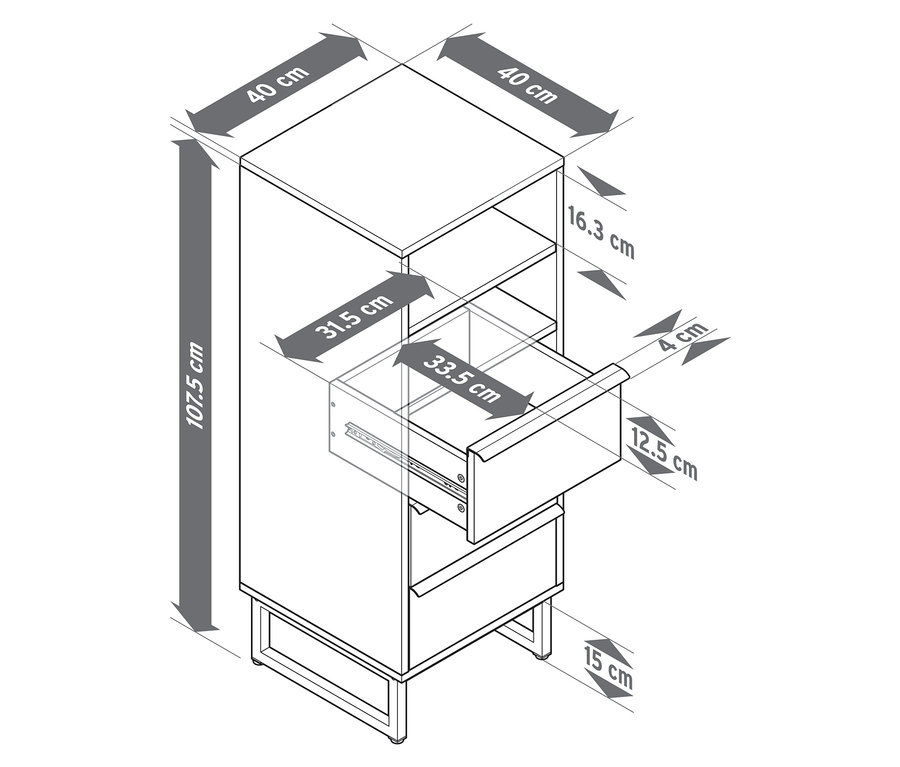 Illustration d'une colonne à tiroirs «
LEEG
» avec 3 tiroirs, comprenant les dimensions.