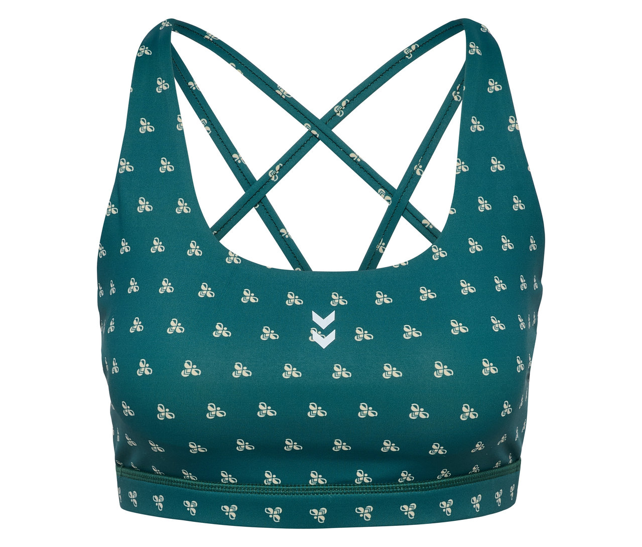 Gros plan d'un soutien-gorge de sport HUMMEL vert avec motif blanc et bretelles croisées.