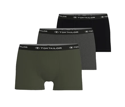 Trois boxers Tom Tailor « Buffer » empilés, en vert foncé chiné, gris foncé chiné et noir, avec une ceinture noire Tom Tailor.