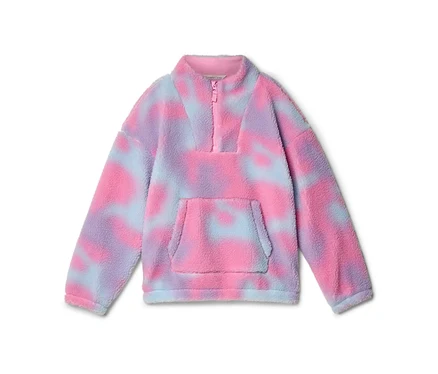 Pull en polaire tie-dye rose, violet et bleu clair avec un demi-zip et une poche kangourou à l'avant.