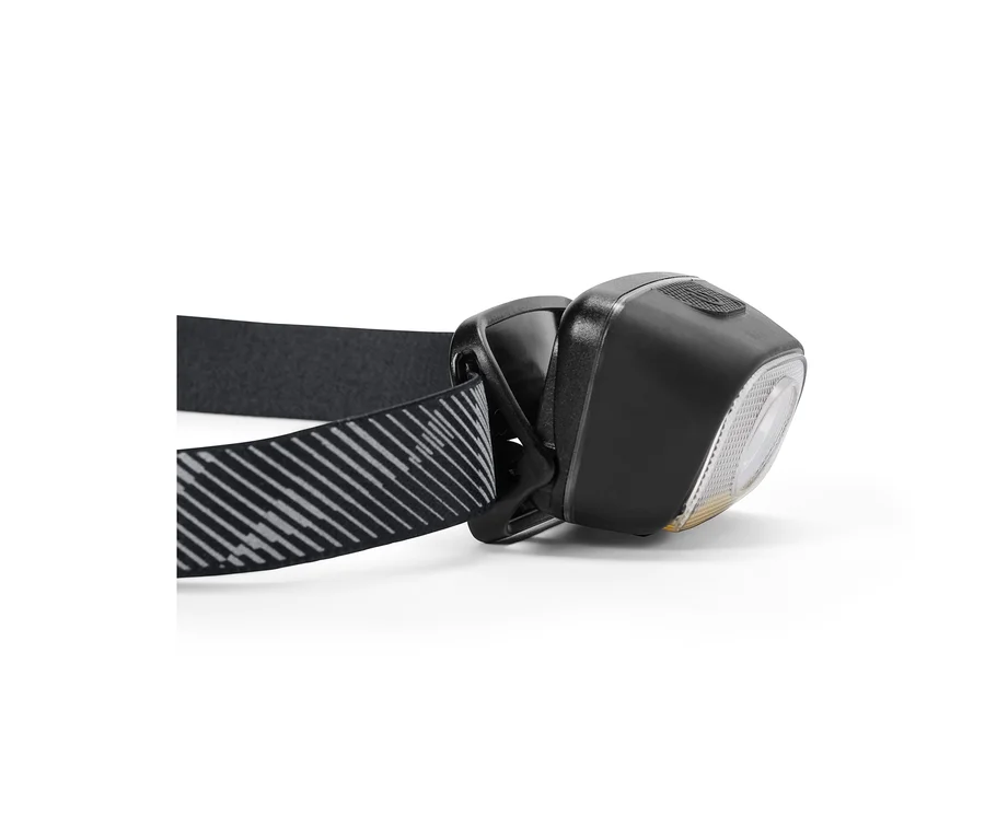 Gros plan d'une lampe frontale noire avec un bandeau rayé.
