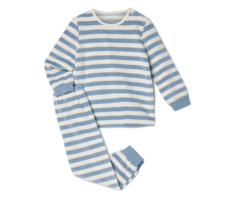 Pyjama polaire rayé bleu clair et crème pour enfant, avec manches longues et pantalon.