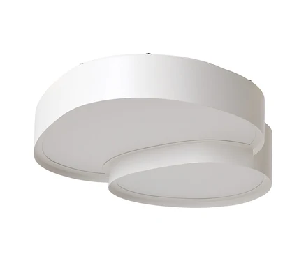 Plafonnier blanc et rond avec un design superposé et imbriqué, composé d'un anneau supérieur plus large et d'un anneau inférieur plus petit.