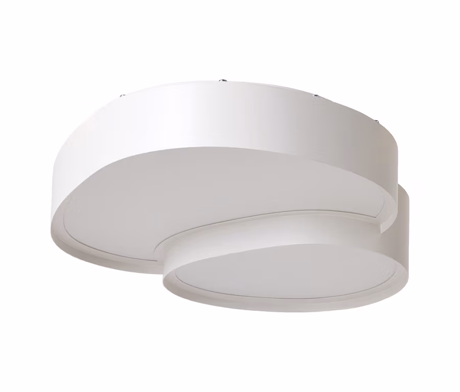 Plafonnier blanc et rond avec un design superposé et imbriqué, composé d'un anneau supérieur plus large et d'un anneau inférieur plus petit.