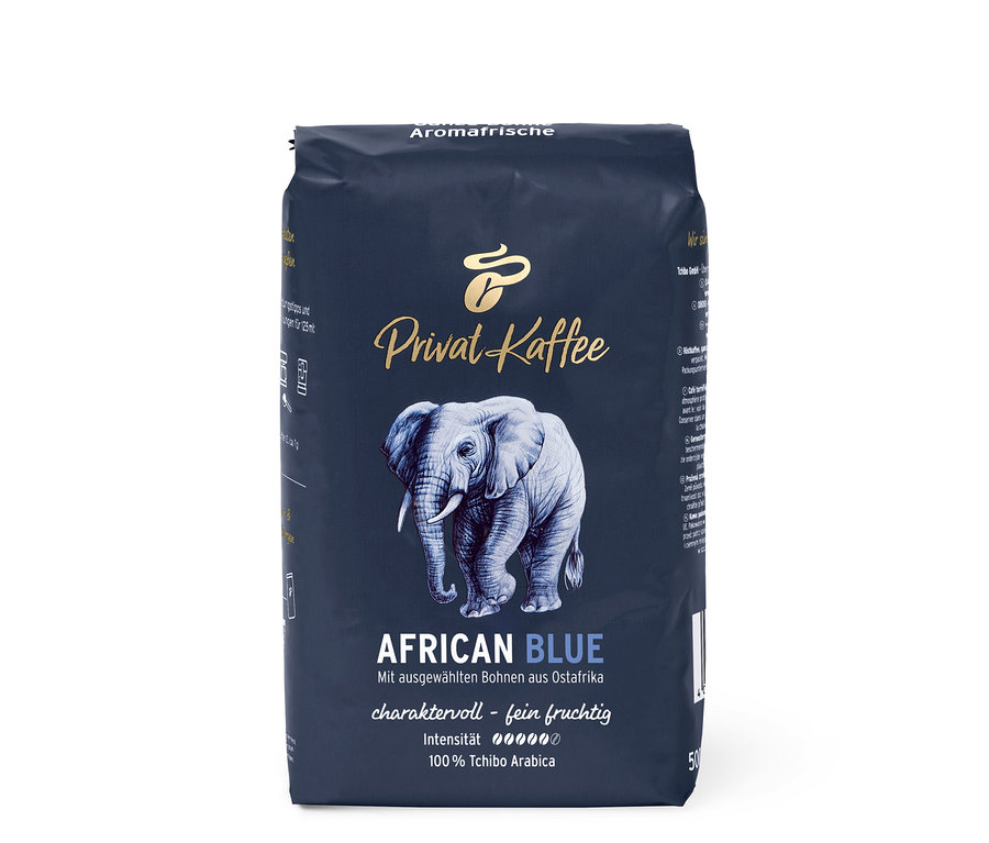 Paquet de café en grains Privat Kaffee African Blue – 500 g. Un éléphant figure sur l'emballage.