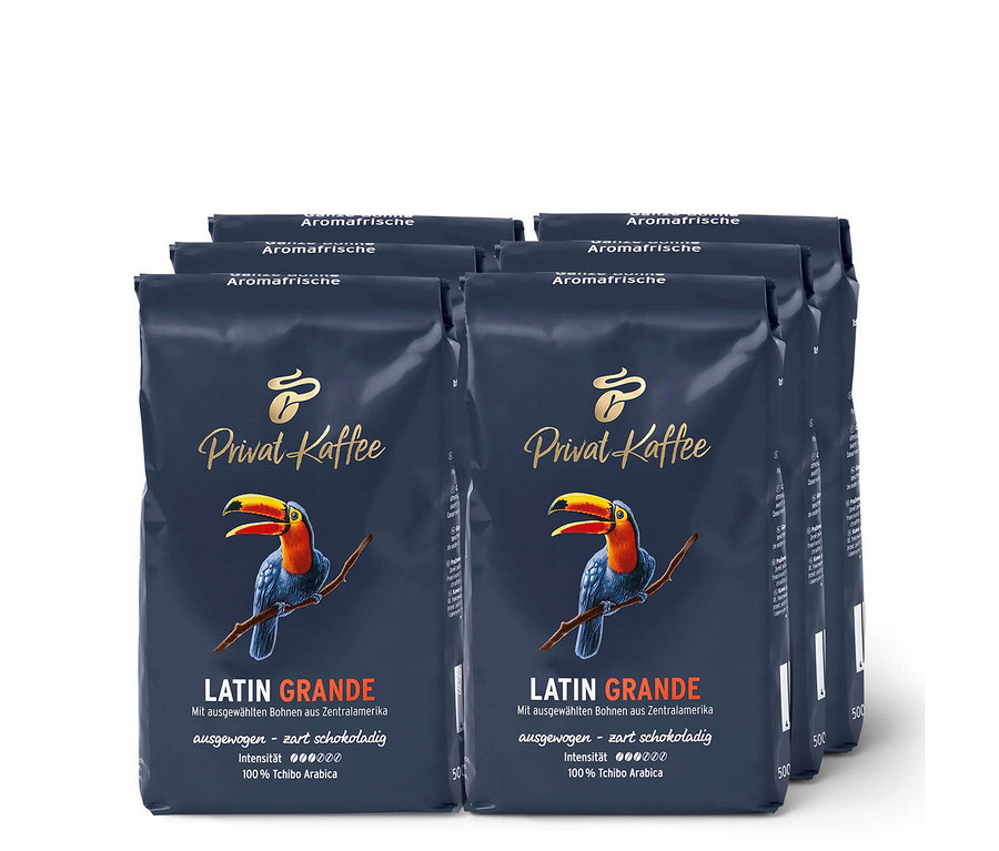 Six paquets de Privat Kaffee Latin Grande en grains – 500 g, colis.