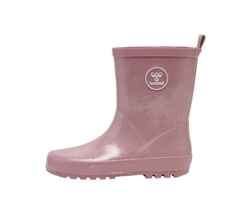 Botte en caoutchouc hummel® « Rubber Boot Glitter » rose à paillettes avec logo blanc sur le côté.