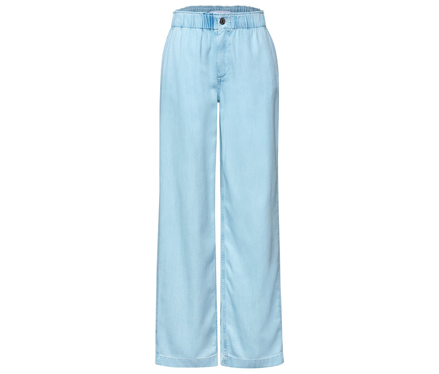 Jean Street One « Emee » bleu clair à jambes larges, taille haute élastique et un bouton foncé sur le devant.
