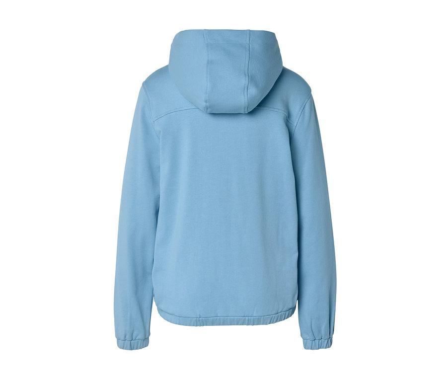 Sweat à capuche bleu clair vu de dos, avec une capuche, des manches longues à poignets côtelés et un ourlet côtelé.