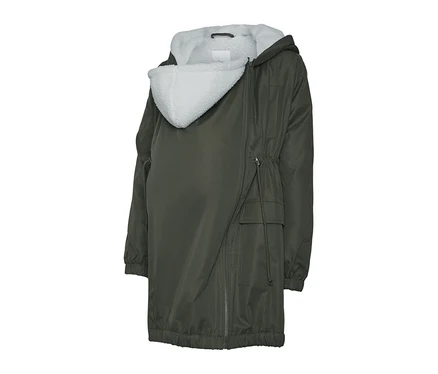 Veste 3-en-1 MAMALICIOUS »LISE« vert olive avec doublure en fausse fourrure blanche dans la capuche et un insert pour la grossesse/le portage.