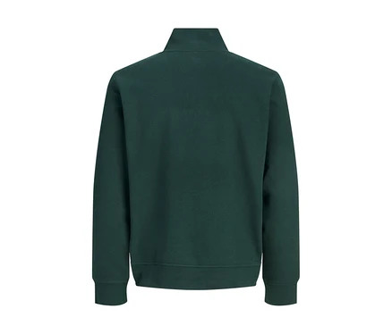 Vue de dos d'un pull Jack&Jones Troyer Soho vert foncé avec col montant et fermeture éclair sur un quart de longueur.