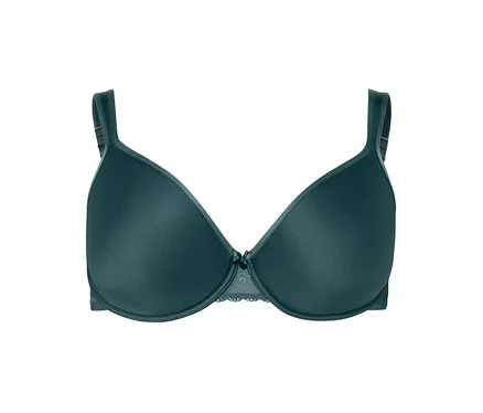 Soutien-gorge vert foncé à armatures avec garniture en dentelle.