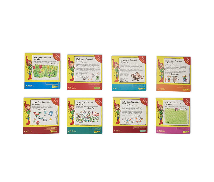 Huit couvertures de livres Pixi alignées. Chaque couverture présente des illustrations et du texte avec le titre "Hallo, dein Pixi zeigt dir heute".