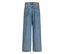 Vue de dos d'un jean bleu à jambe large, avec des poches arrière et une étiquette de marque sur la ceinture.