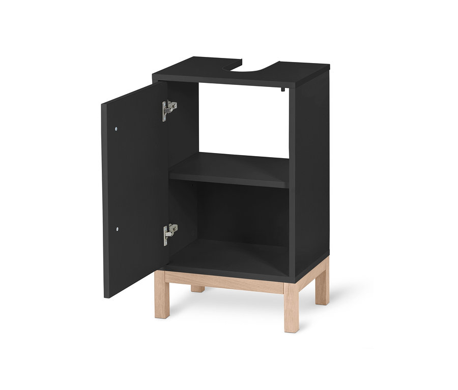 Petit meuble sous vasque « Eklund » anthracite avec porte ouverte.
