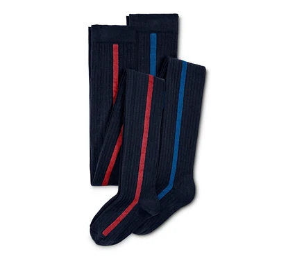 Deux collants fille bleu marine avec rayures rouges et bleues.
