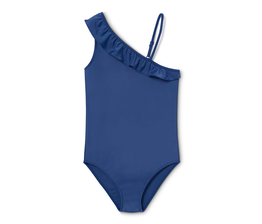 Maillot de bain bleu marine une pièce avec une bretelle et un volant.