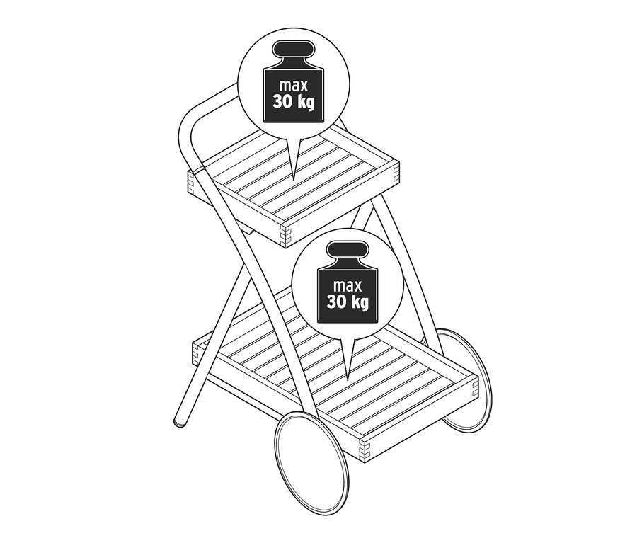 Illustration d'une desserte d’appoint pour le jardin et d'une desserte à alcool pour le jardin « Elin » avec deux étagères et des roues.