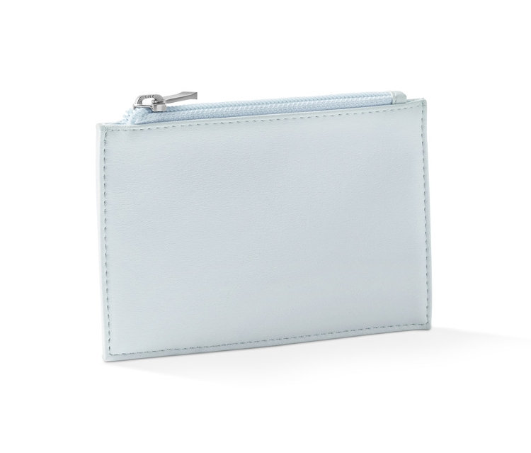 Un porte-monnaie bleu clair avec une fermeture éclair.