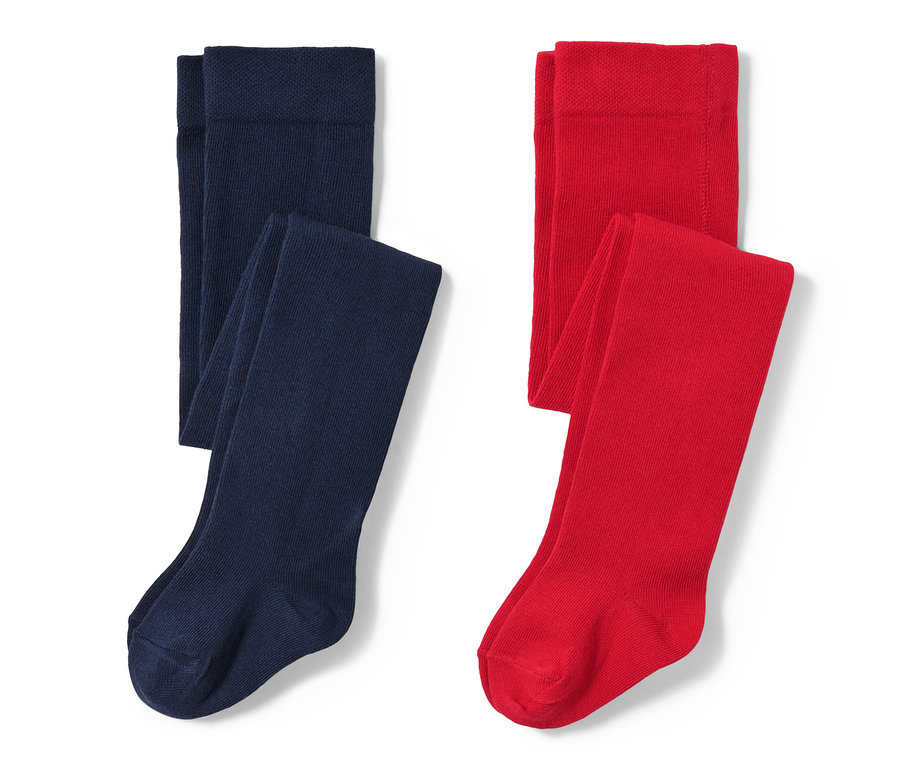 Deux collants pour enfant : un bleu foncé et un rouge.