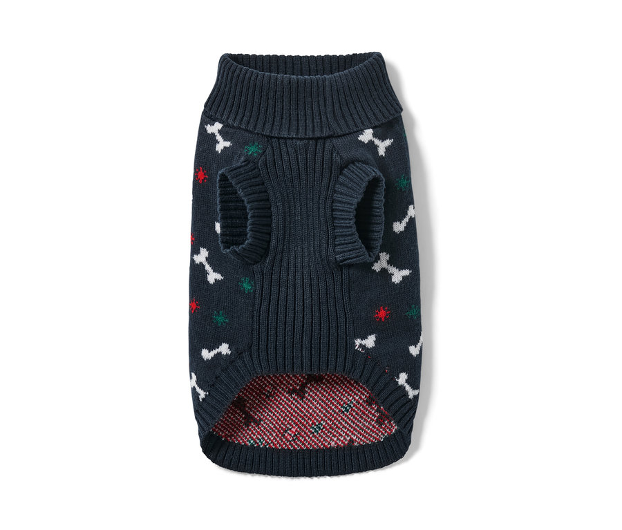 Pull pour chien bleu marine avec des motifs d'os et de Noël.