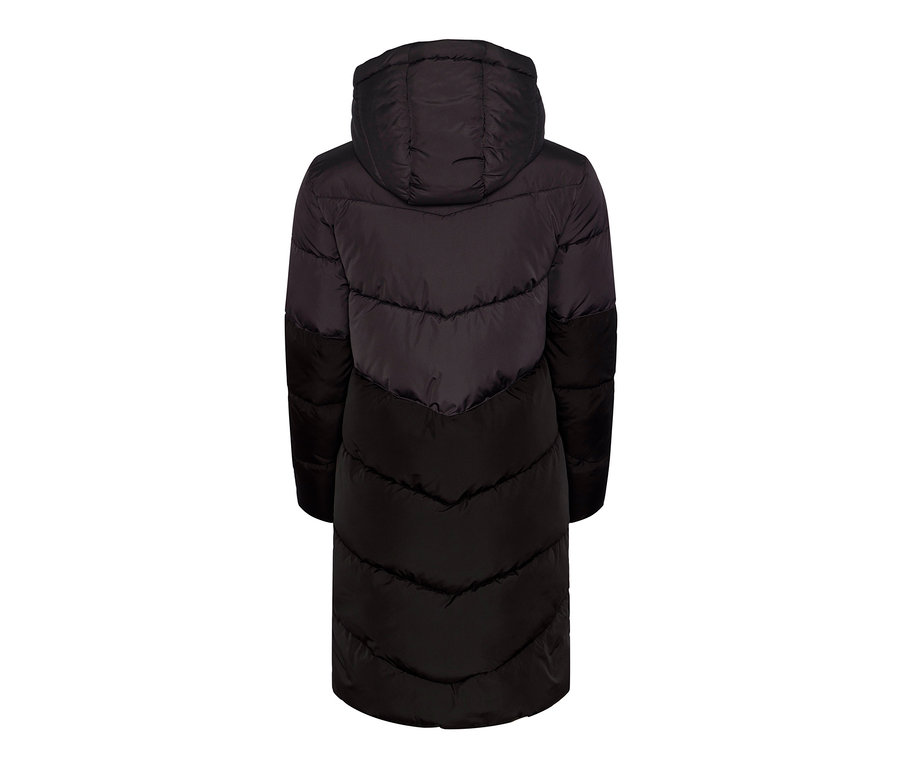 Vue détaillée de l'arrière d'un manteau matelassé à capuche.