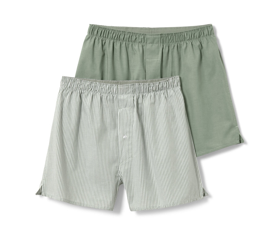 Deux caleçons tissés, un uni vert et un rayé vert.