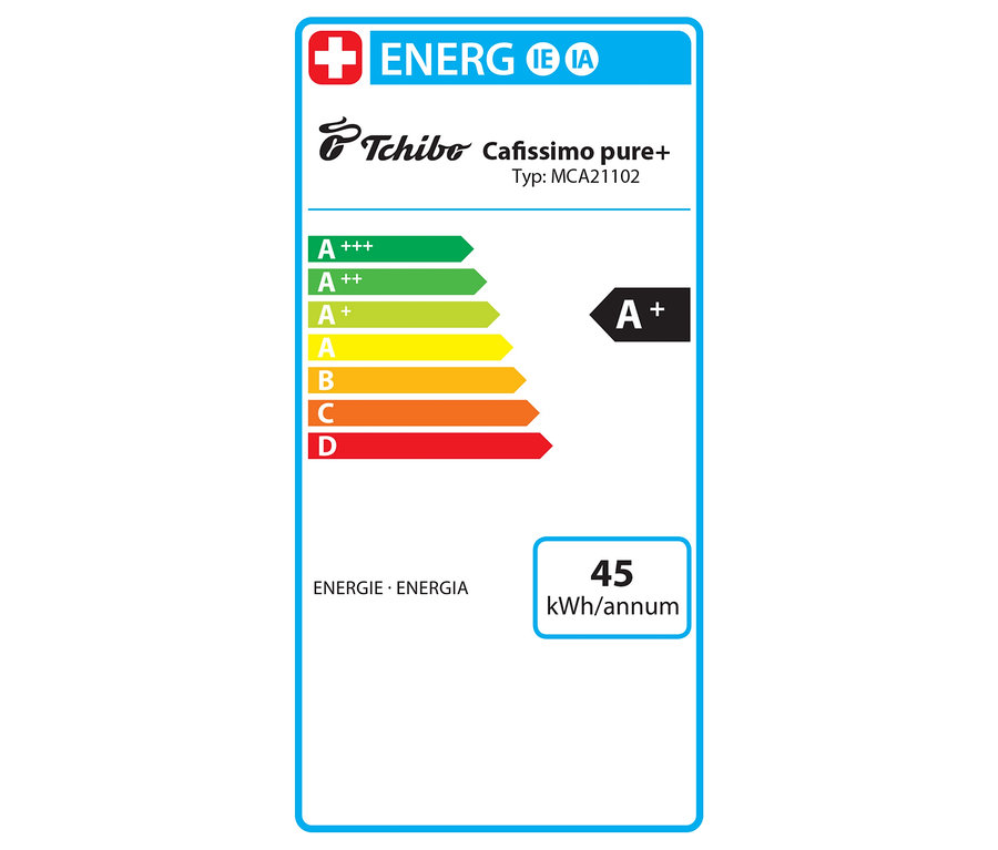 Étiquette énergétique pour Cafissimo pure+ avec les classes A+++ à D et une consommation de 45 kWh/an.