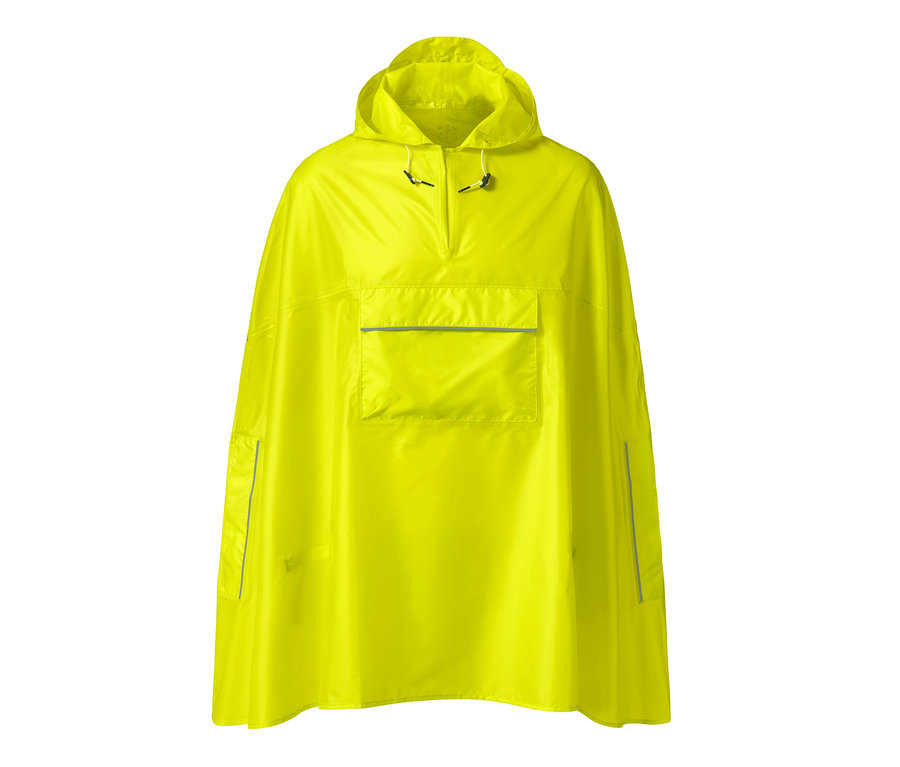 Poncho de pluie jaune avec capuche et poche.