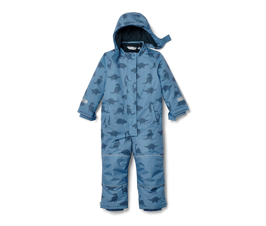 Vêtements de neige pour enfant bleus avec des dinosaures.