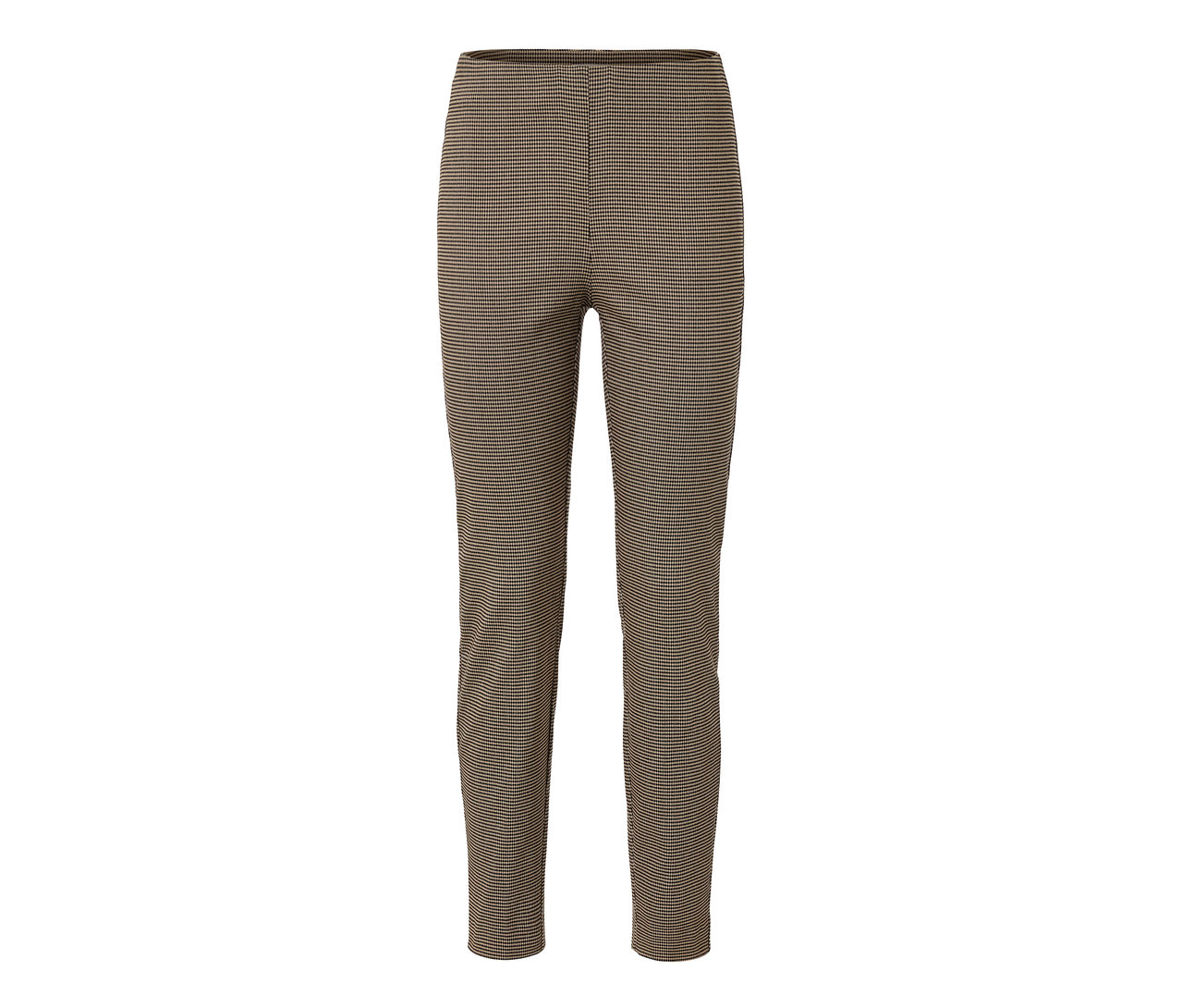Un pantalon stretch marron avec un motif pied-de-poule.