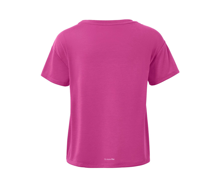 Vue arrière d'un t-shirt de sport à manches courtes 2 en 1 rose vif.