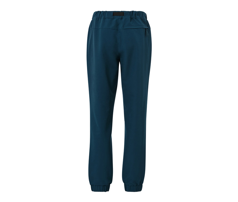 Un pantalon thermique bleu marine avec ceinture sur fond blanc.