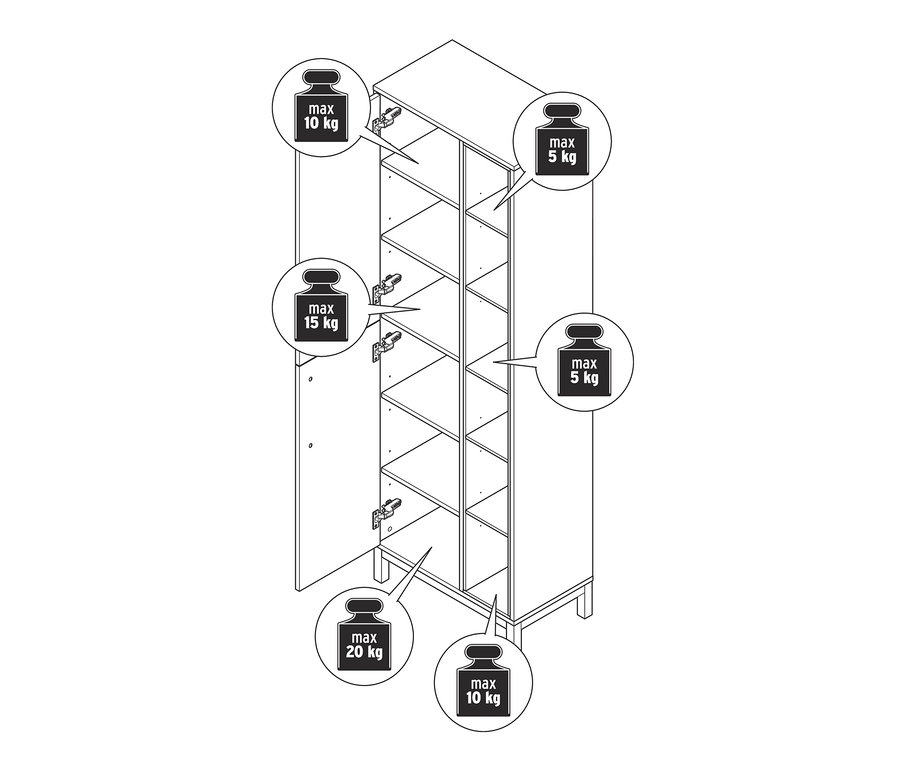 Dessin d'une armoire haute de salle de bains « Eklund » avec casiers sur le côté, avec des marquages indiquant le poids maximum des étagères.