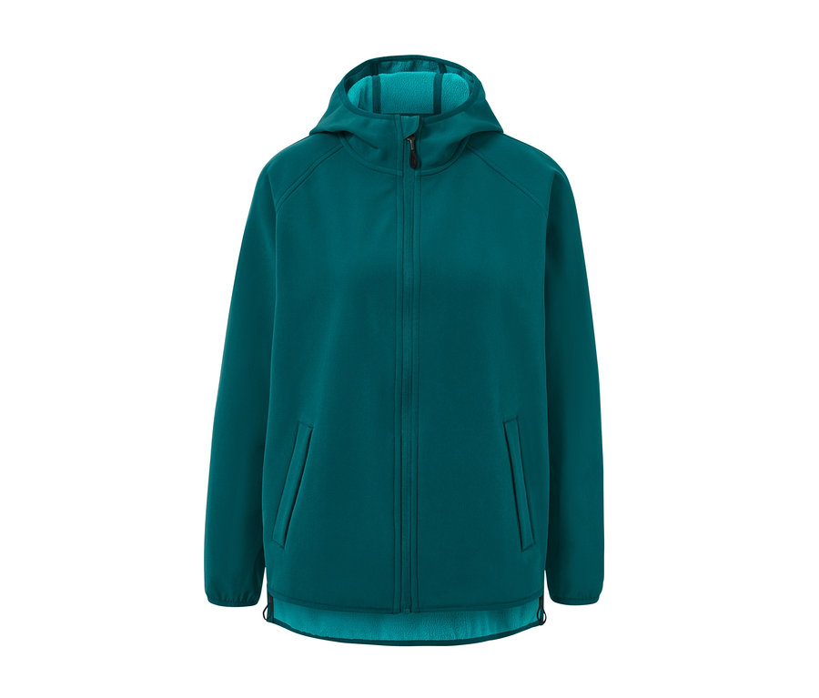 Veste en softshell verte avec capuche et fermeture éclair au centre.