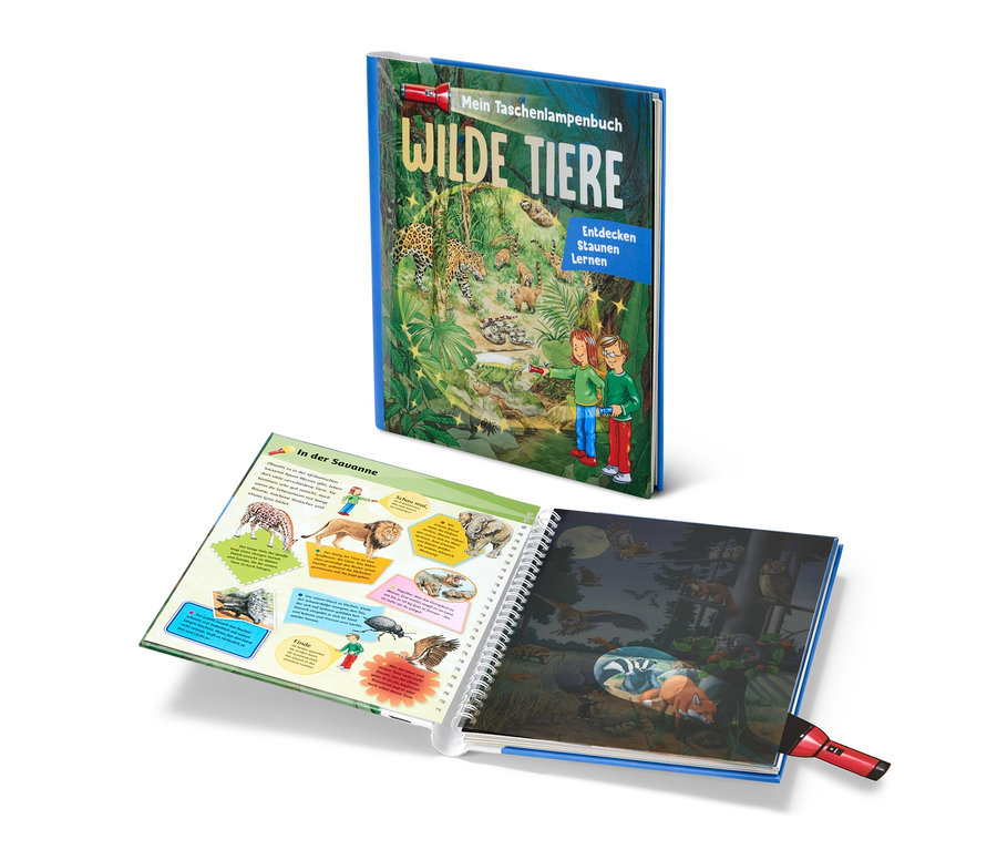 Deux livres sont posés l’un sur l’autre. Un livre est fermé et s’appelle «	Mein Taschenlampenbuch – wilde Tiere	».