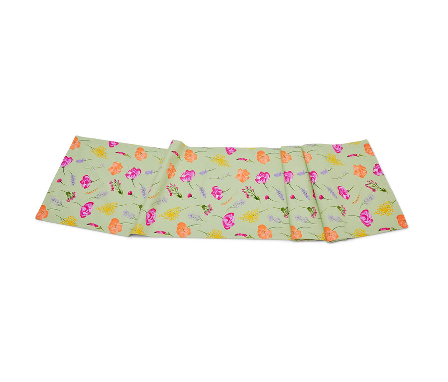 Chemin de table, sauge avec imprimé floral.