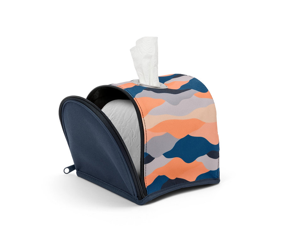 Distributeur de papier toilette avec fermeture éclair bleue, à motifs dans les couleurs bleu, gris et orange.