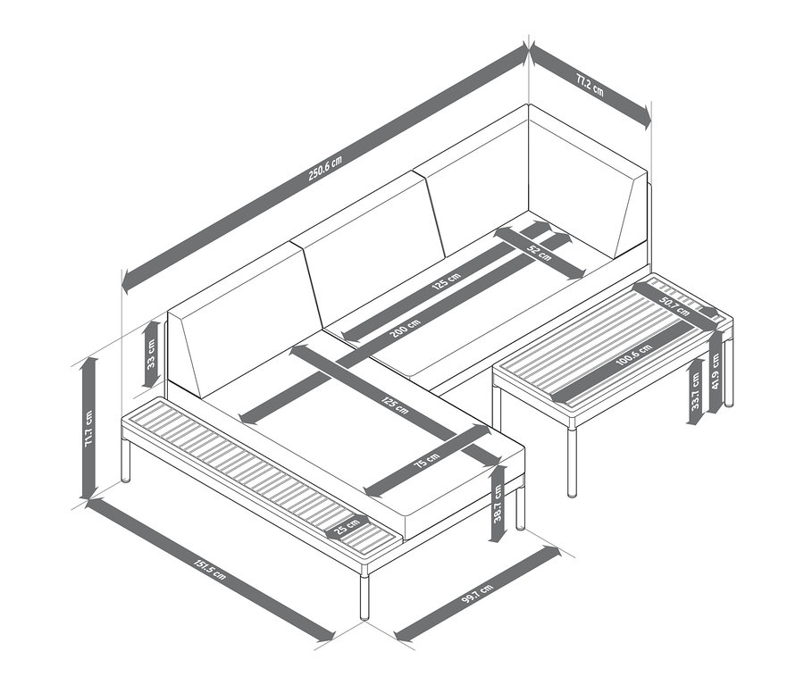 Dimensions du coin lounge « Elin » avec coussins premium confortables.
