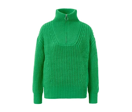 Pull camionneur vert en grosse maille avec fermeture éclair décorative.