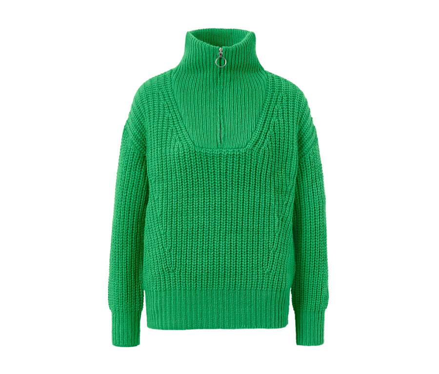 Pull camionneur vert en grosse maille avec fermeture éclair décorative.