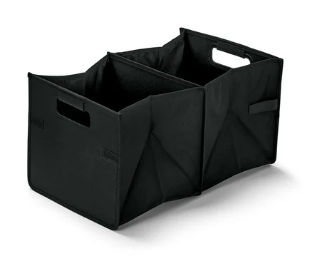 Une boîte pliante noire pour voiture avec trois compartiments et des poignées.