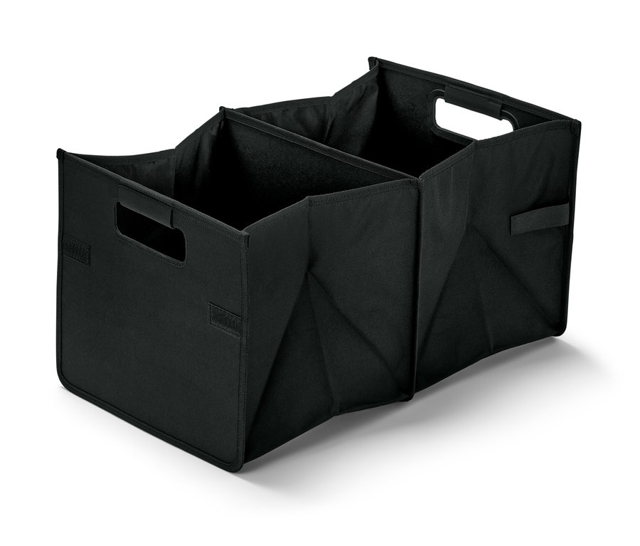 Une boîte pliante noire pour voiture avec trois compartiments et des poignées.