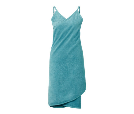 Robe-drap de bain turquoise à bretelles.
