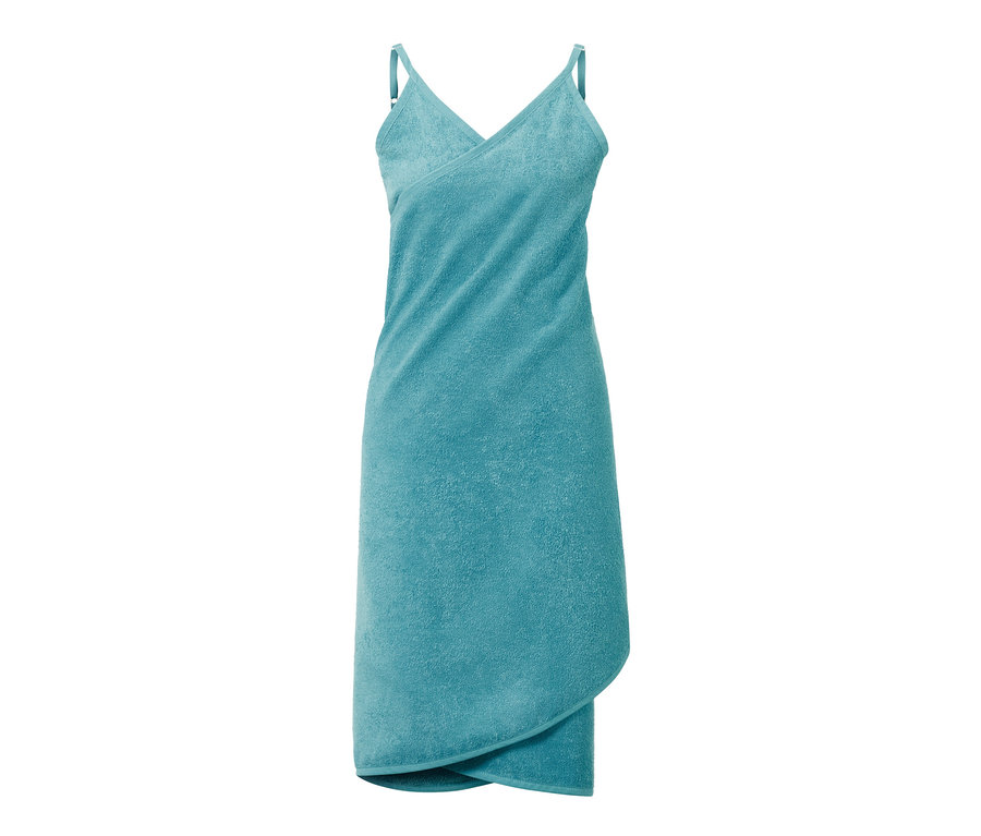 Robe-drap de bain turquoise à bretelles.