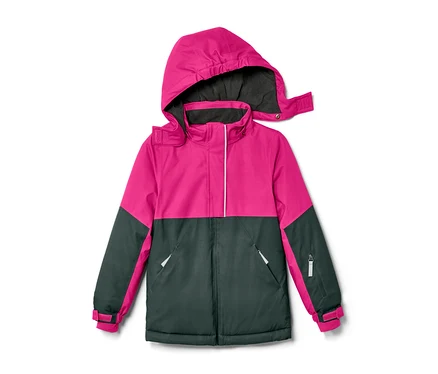Veste de ski pour enfant rose et grise avec capuche.