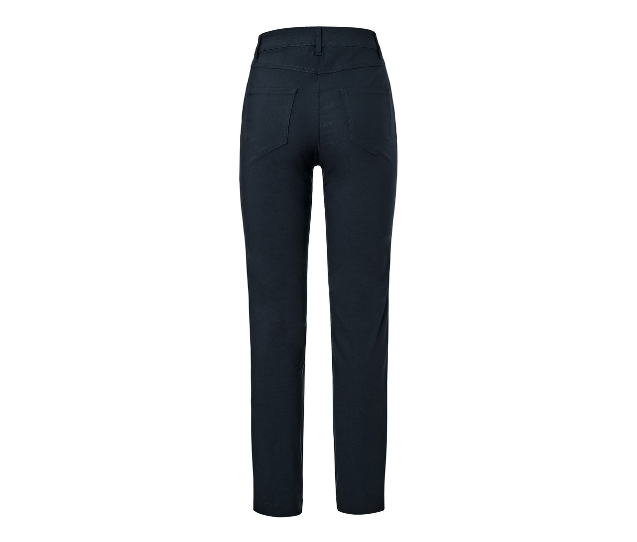 Pantalon en bengaline bleu foncé, vu de dos.
