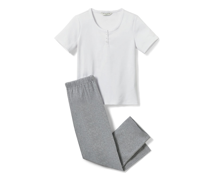 Pyjama côtelé pour enfant, un t-shirt blanc à manches courtes et un pantalon gris.