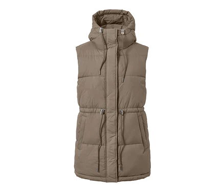 Un gilet sans manches matelassé à capuche marron.